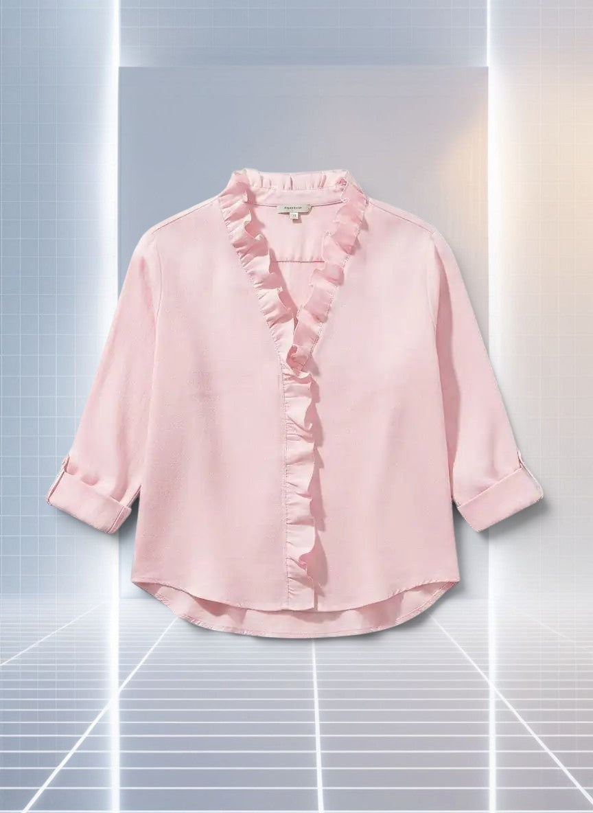 ZOFIA ATELIER Ewa pink ruffle blouse with split collar and long sleeves, made from soft, flowing fabric.