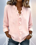 ZOFIA ATELIER pink linen blend ruffle v-neck long sleeve blouse