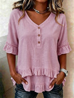 ZOFIA ATELIER pink polyester v-neck ruffled three-quarter sleeve shirt with button detail