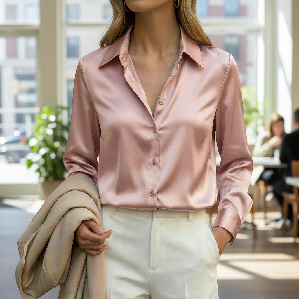 ZOFIA ATELIER elegant pink satin blouse with lapel neckline and button-down front, long sleeves.