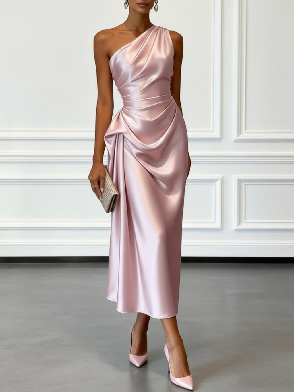 ZOFIA ATELIER pink satin one-shoulder midi dress with waist-cinching detail and flowing skirt.