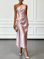 ZOFIA ATELIER pink satin one-shoulder midi dress with waist-cinching detail and flowing skirt.