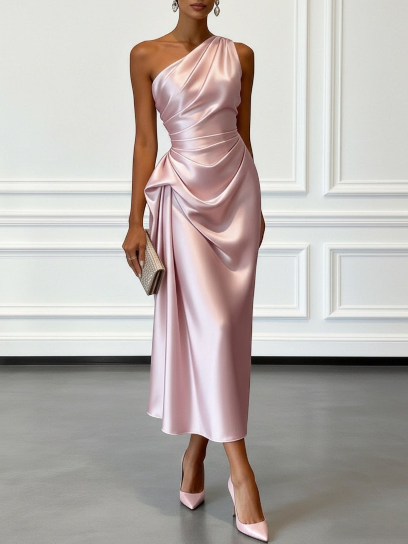 ZOFIA ATELIER pink satin one-shoulder midi dress with waist-cinching detail and flowing skirt.