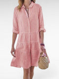 ZOFIA ATELIER pink and white striped polyester shirt dress with lapel, long sleeves, and tiered skirt.