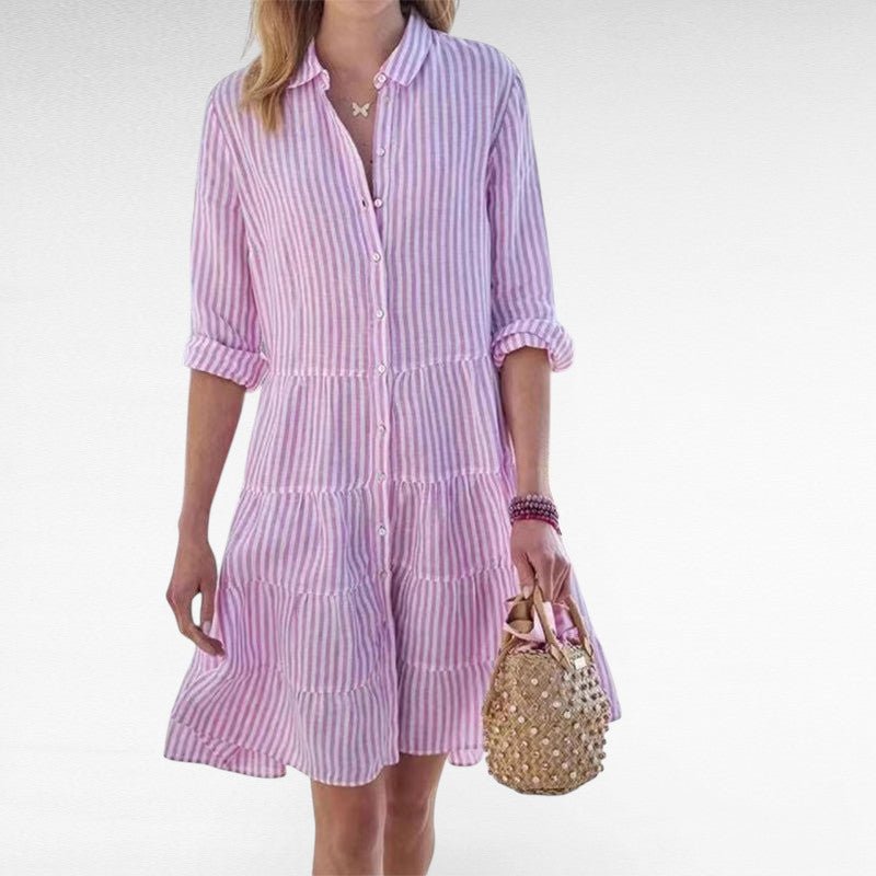 ZOFIA ATELIER pink and white striped polyester shirt dress with lapel and tiered skirt.