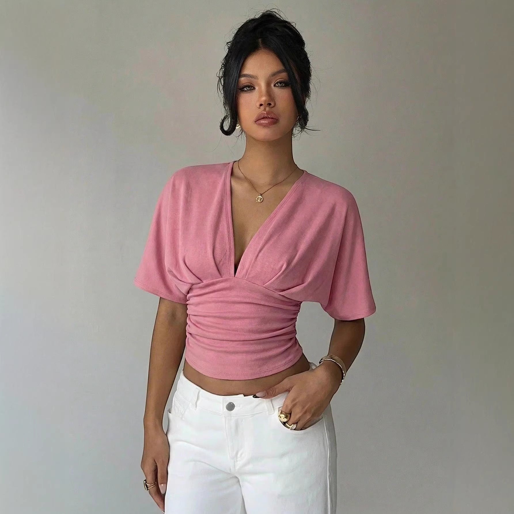 ZOFIA ATELIER pink polyester slim fit deep V-neck short-sleeve wrap t-shirt with ruched detail