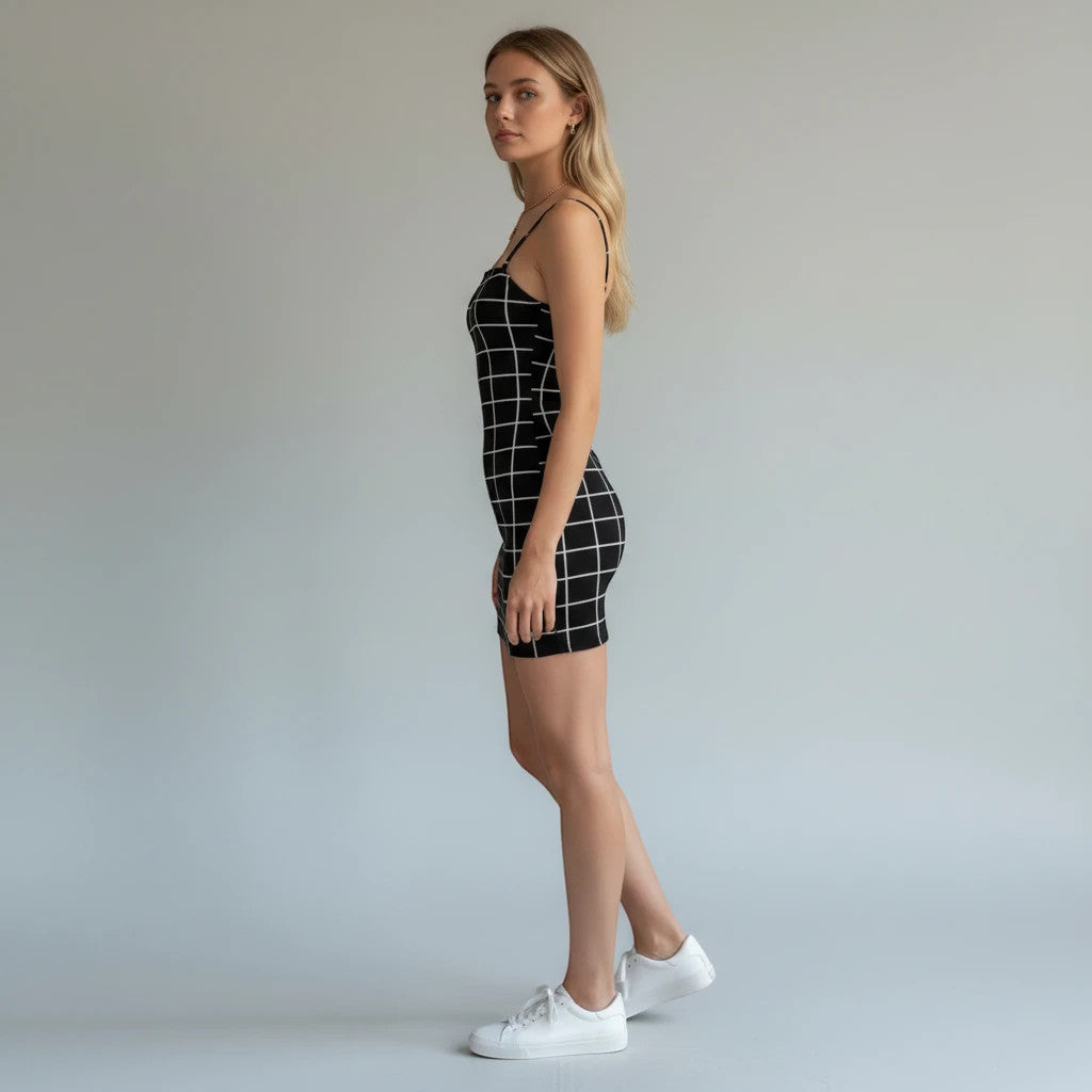 ZOFIA ATELIER black and white plaid bodycon mini dress with spaghetti straps, polyester blend.