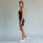 ZOFIA ATELIER black and white plaid bodycon mini dress with spaghetti straps, polyester blend.