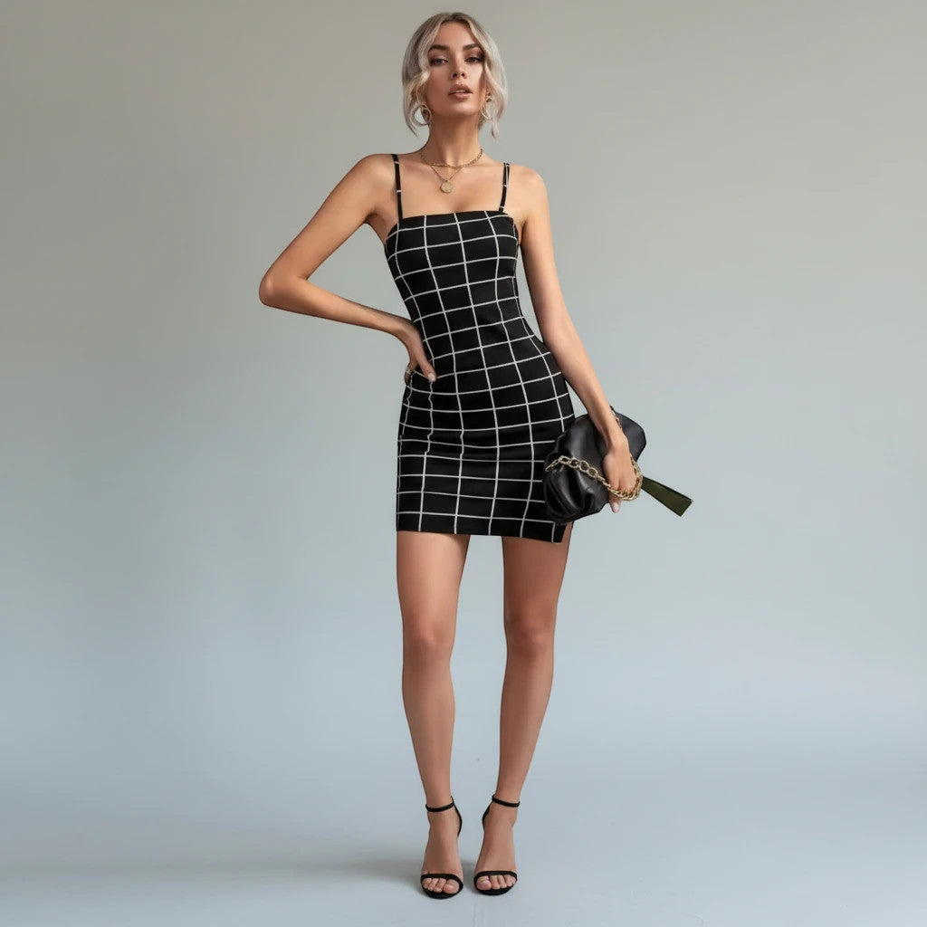 ZOFIA ATELIER black and white plaid bodycon mini dress with spaghetti straps and a mid-waist.