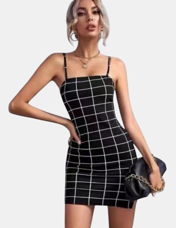 ZOFIA ATELIER black and white plaid bodycon mini dress with spaghetti straps