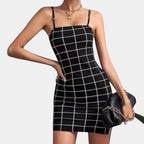 ZOFIA ATELIER black and white plaid bodycon mini dress with spaghetti straps