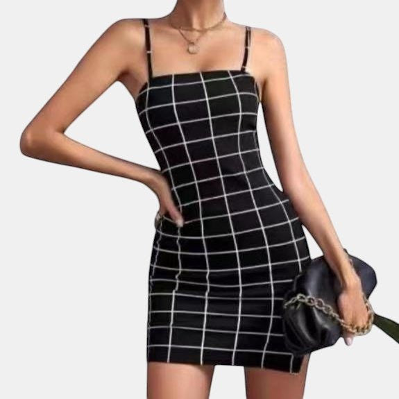 ZOFIA ATELIER black and white plaid bodycon mini dress with spaghetti straps