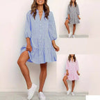 ZOFIA ATELIER blue and white gingham plaid tiered mini dress with v-neck and button front