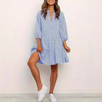 ZOFIA ATELIER blue and white plaid polyester short-sleeve tiered mini dress with button front
