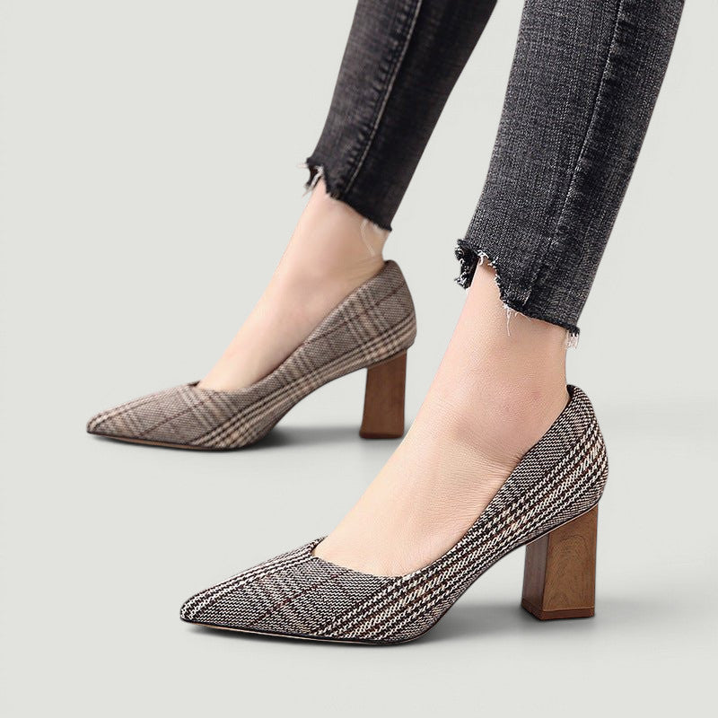 ZOFIA ATELIER brown and white plaid thick heeled pumps with pointed toe and wooden block heel.
