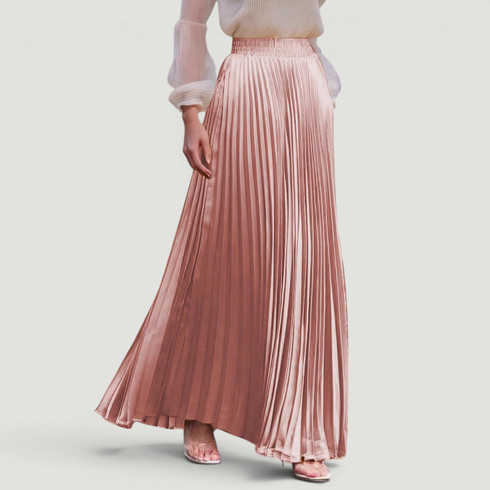 ZOFIA ATELIER KRYSTYNA rose gold pleated high-waisted polyester maxi skirt with slight elasticity.