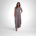 ZOFIA ATELIER grey pleated short sleeve suit with wide leg pants and asymmetrical hem top.