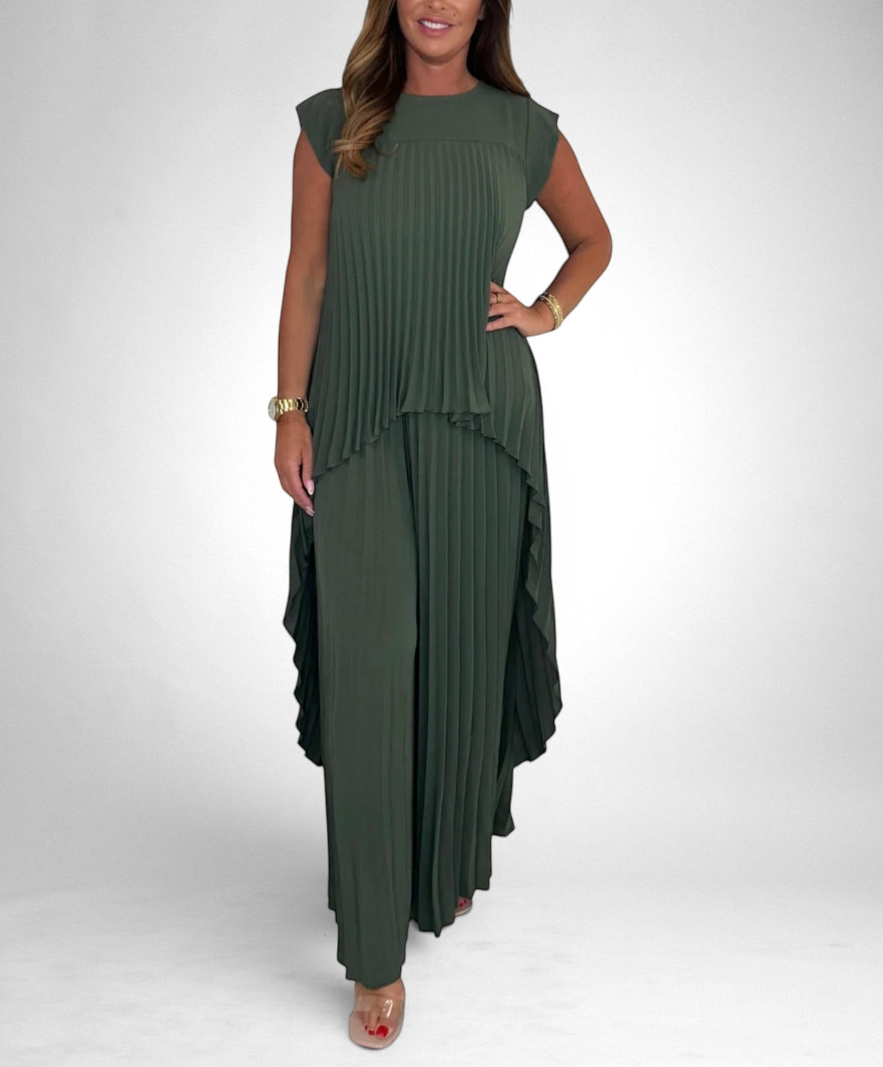 ZOFIA ATELIER olive green pleated short sleeve suit with wide leg pants. Polyester fabric.