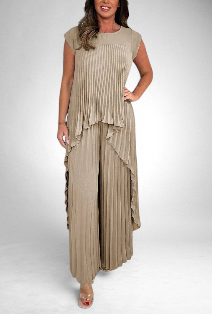 ZOFIA ATELIER taupe pleated short sleeve suit with wide leg pants. Polyester fabric.
