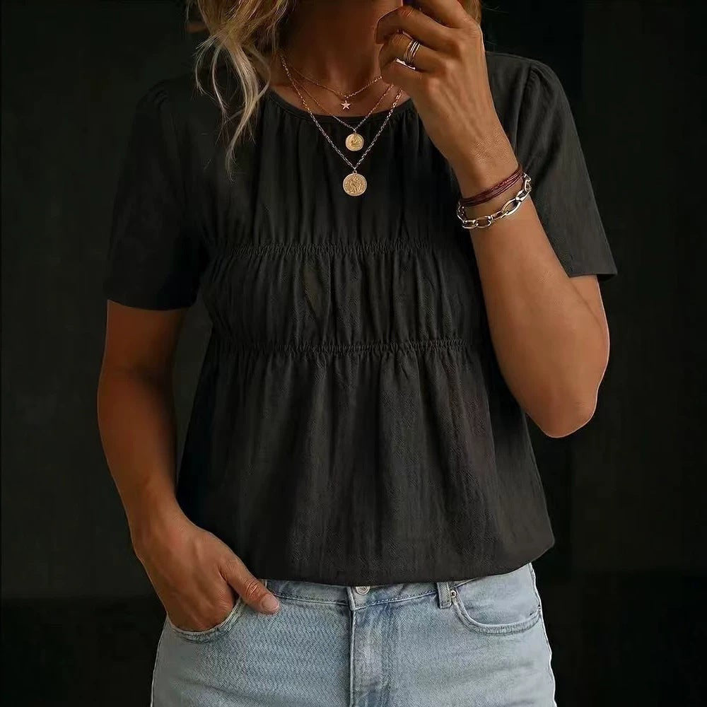 ZOFIA ATELIER GRAŻYNA dark grey pleated short-sleeve cotton-linen blend top with crew neck.