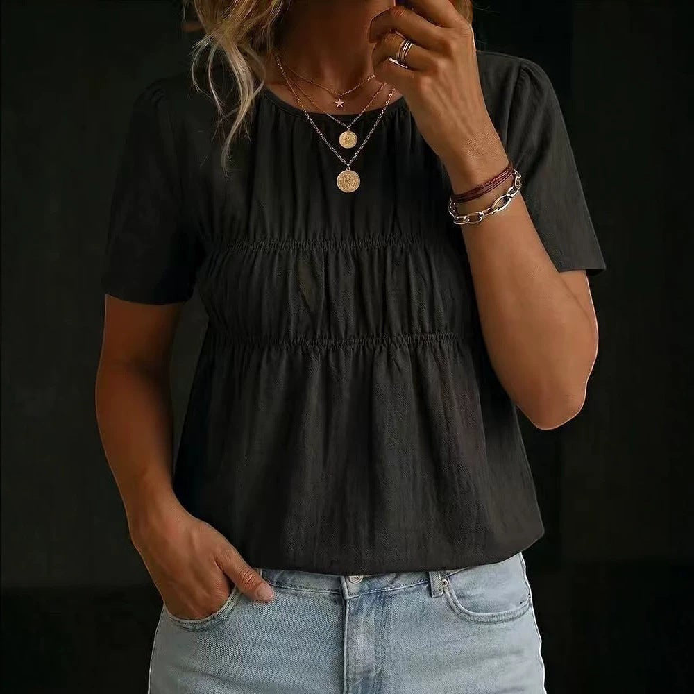 ZOFIA ATELIER GRAŻYNA dark grey pleated short-sleeve cotton-linen blend top with crew neck.