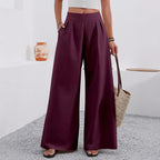 ZOFIA ATELIER plum polyester wide-leg trousers with pockets and high waist, full length.
