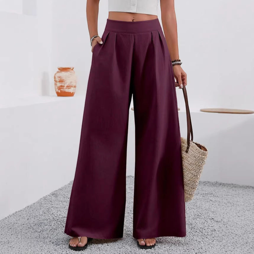 ZOFIA ATELIER plum polyester wide-leg trousers with pockets and high waist, full length.