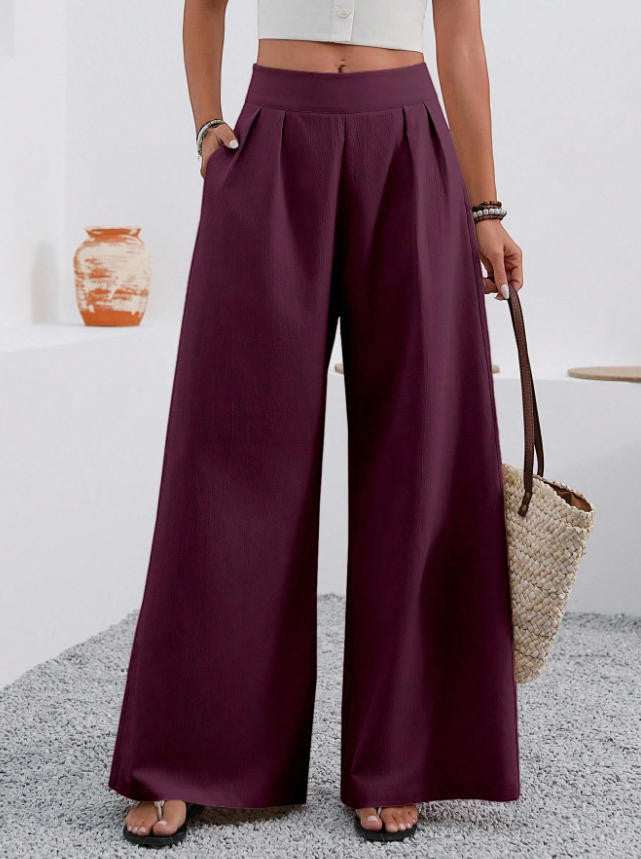 ZOFIA ATELIER plum polyester wide-leg trousers with pockets and high waist, full-length elegant style.