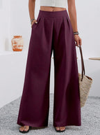 ZOFIA ATELIER plum polyester wide-leg trousers with pockets and high waist, full-length elegant style.