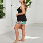 ZOFIA ATELIER black ribbed tankini top with vibrant tropical print boxer bottoms