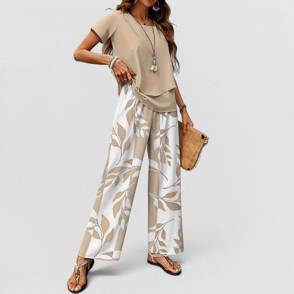ZOFIA ATELIER women's beige top and wide-leg pants set with a beige and white leaf print. Polyester.