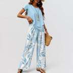 ZOFIA ATELIER light blue top and wide-leg pants set with blue and white leaf print, polyester
