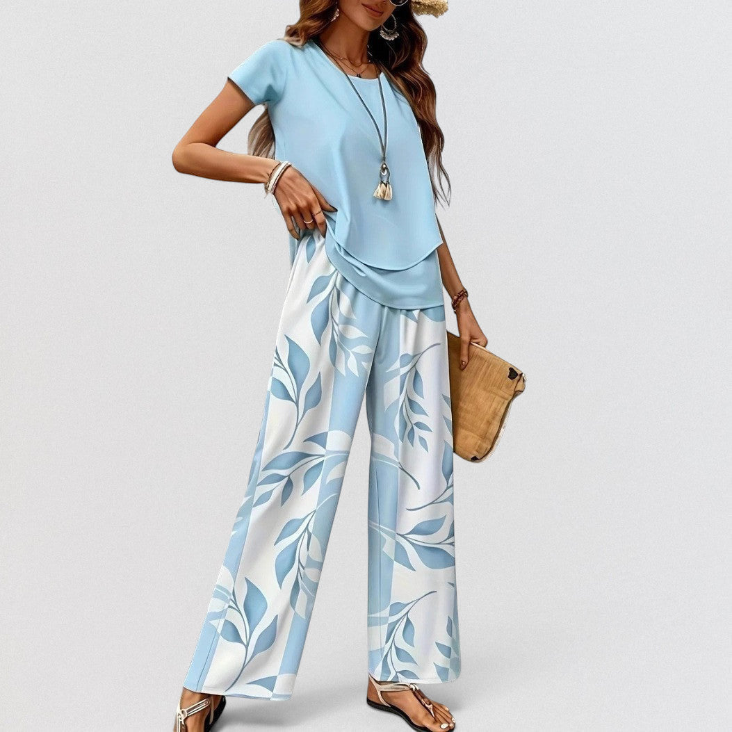 ZOFIA ATELIER light blue top and wide-leg pants set with blue and white leaf print, polyester
