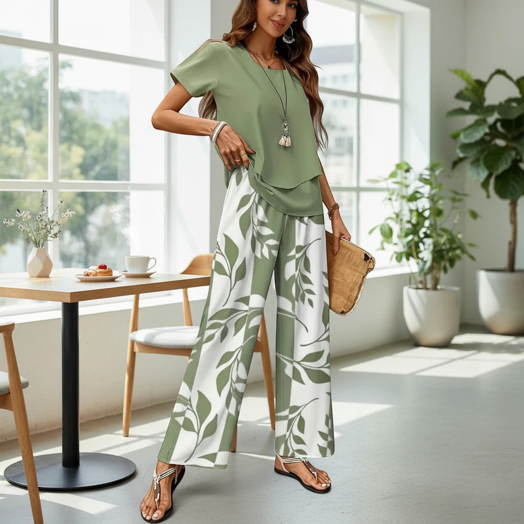 ZOFIA ATELIER women's green top and white wide-leg pants set with green leaf print, three-quarter sleeves.