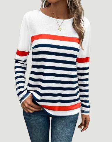 ZOFIA ATELIER pullover de manga comprida com riscas azuis, brancas e vermelhas, decote redondo, em mistura de algodão e poliéster.