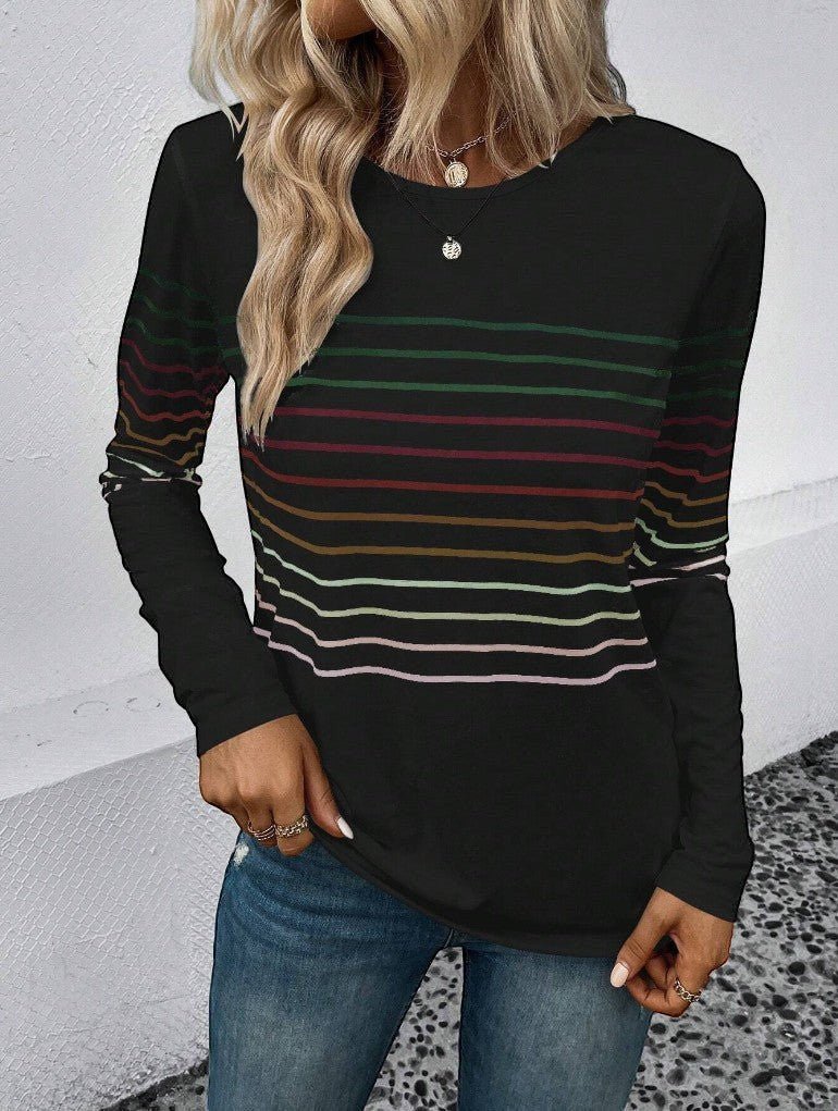 ZOFIA ATELIER pullover de manga comprida às riscas em preto com detalhes em verde, bordeaux e bege. Gola redonda.