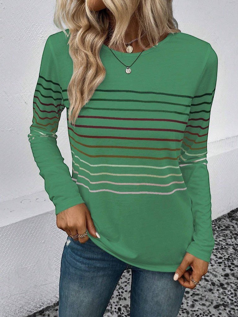 ZOFIA ATELIER pullover verde com riscas finas em tons de castanho, rosa e verde. Gola redonda, mangas compridas.