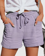 ZOFIA ATELIER light purple crinkled cotton drawstring shorts with cuffed hem and pockets