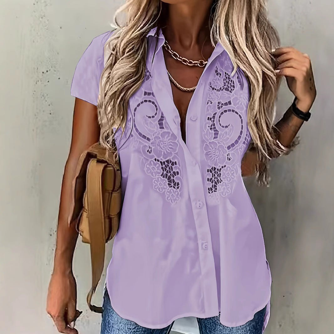 ZOFIA ATELIER light purple short-sleeved rayon and polyester blouse with embroidered hollow-out floral details.