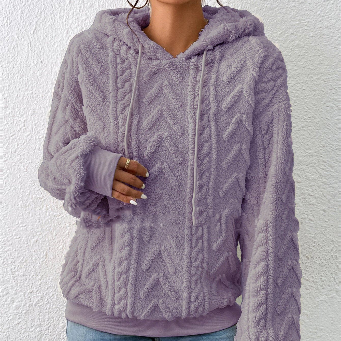 ZOFIA ATELIER light purple plush flannel hooded coat with geometric embossed pattern and drawstring hood.