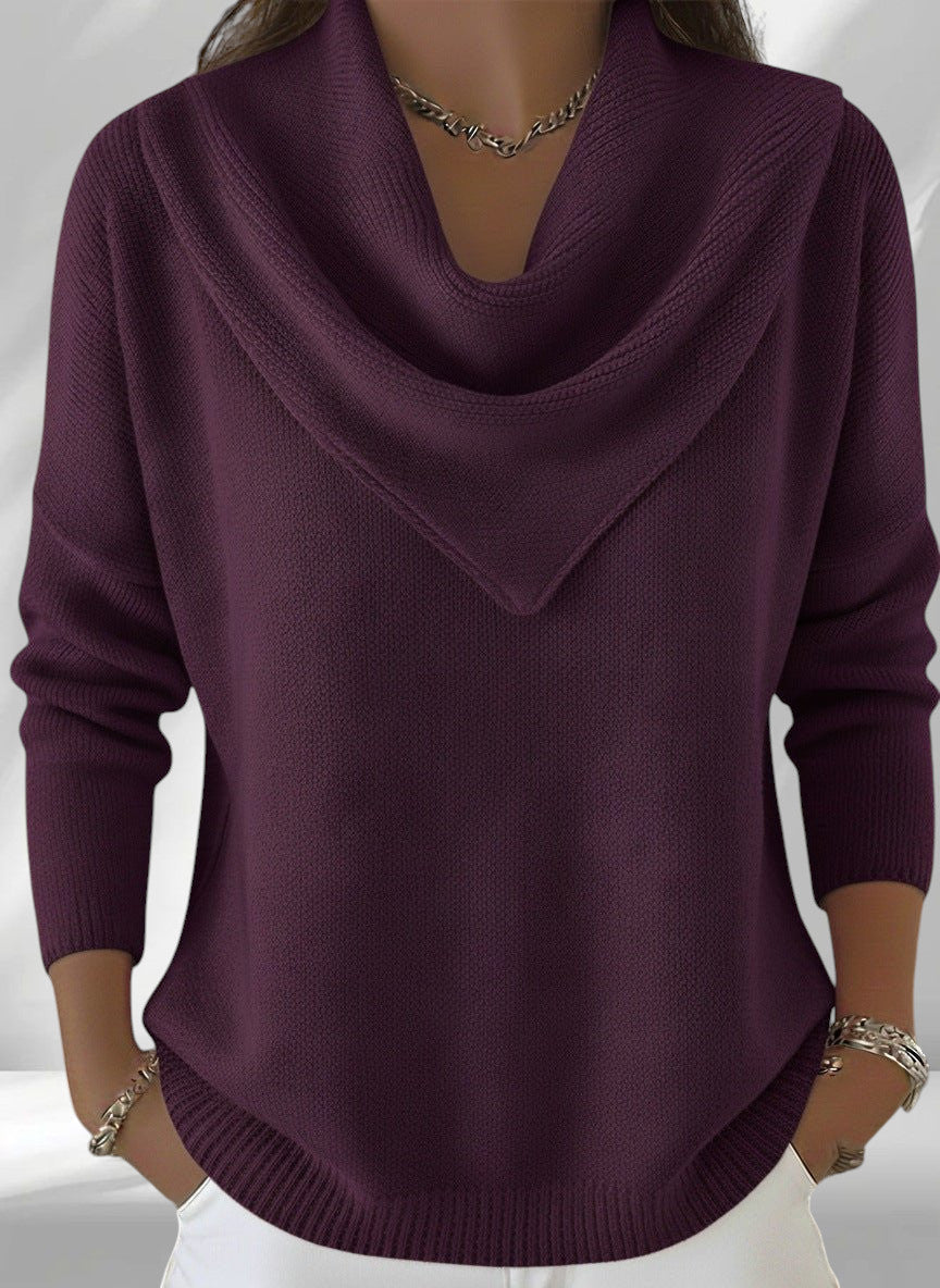 ZOFIA ATELIER plum purple polyester knit sweater top with cowl neck and long sleeves