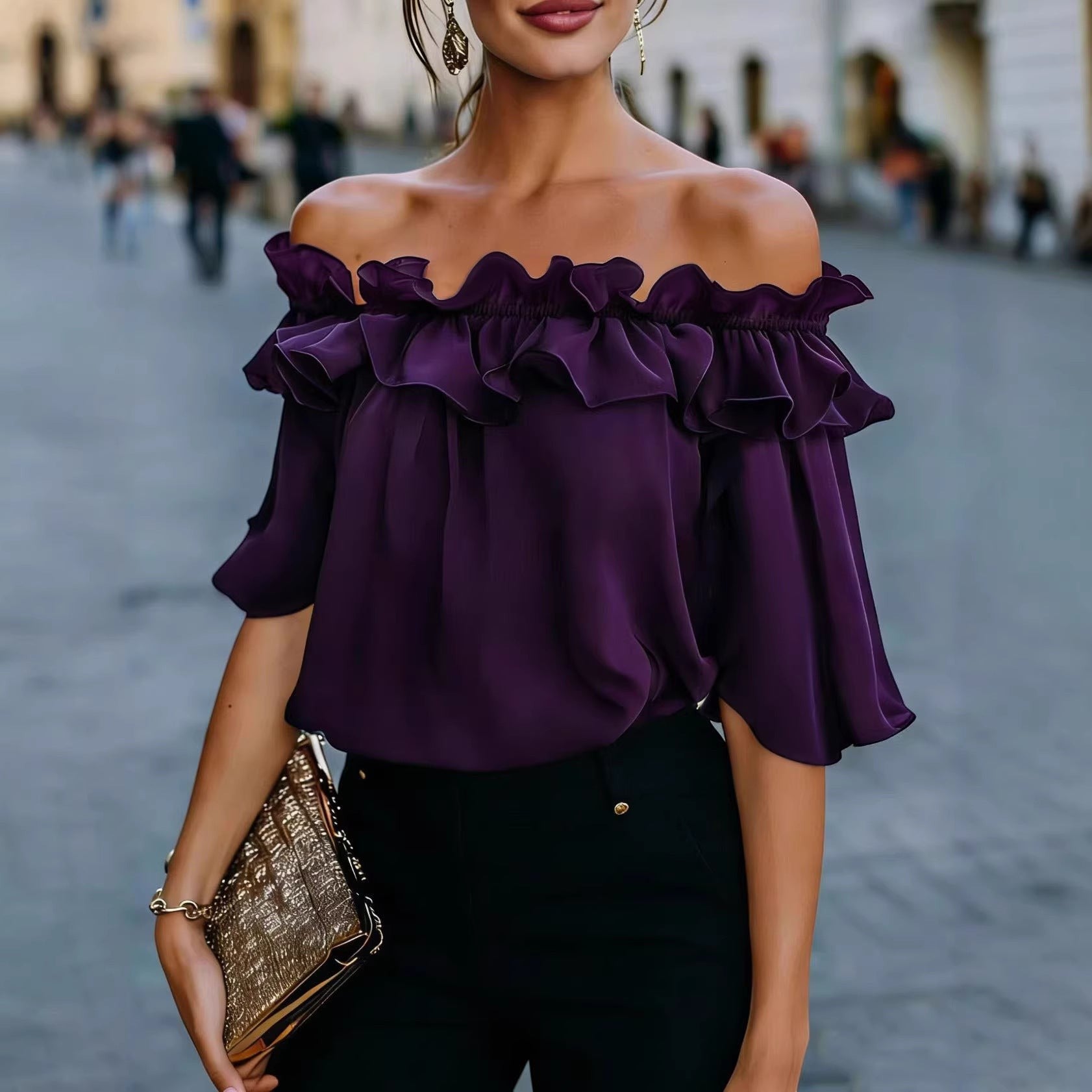 ZOFIA ATELIER purple off-shoulder ruffled short-sleeve chlorofiber blouse