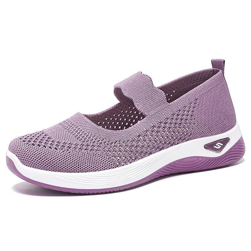 ZOFIA ATELIER purple lightweight knit walking shoes with white sole and flat heel.