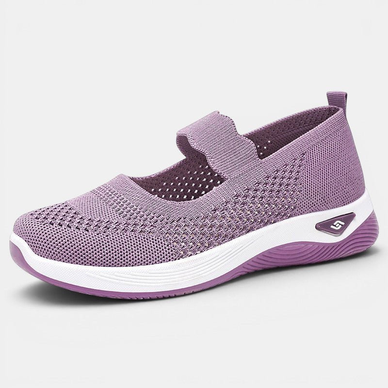 ZOFIA ATELIER purple lightweight knit walking shoes with white sole and flat heel.