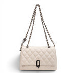 ZOFIA ATELIER off-white PU quilted horizontal rectangle shoulder bag with chain strap and metal clasp.