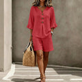 ZOFIA ATELIER red bamboo cotton buttoned v-neck set with flared sleeves and shorts