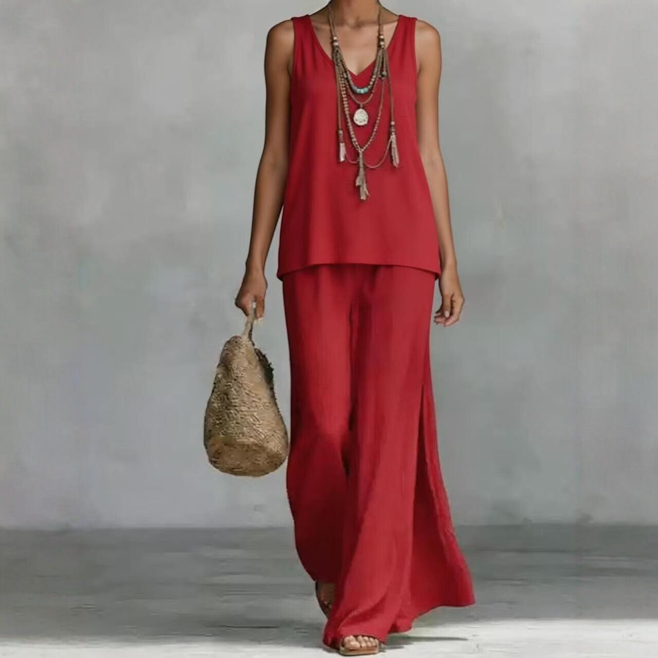 ZOFIA ATELIER red bohemian wide-leg set with V-neck sleeveless top and flowing pants.