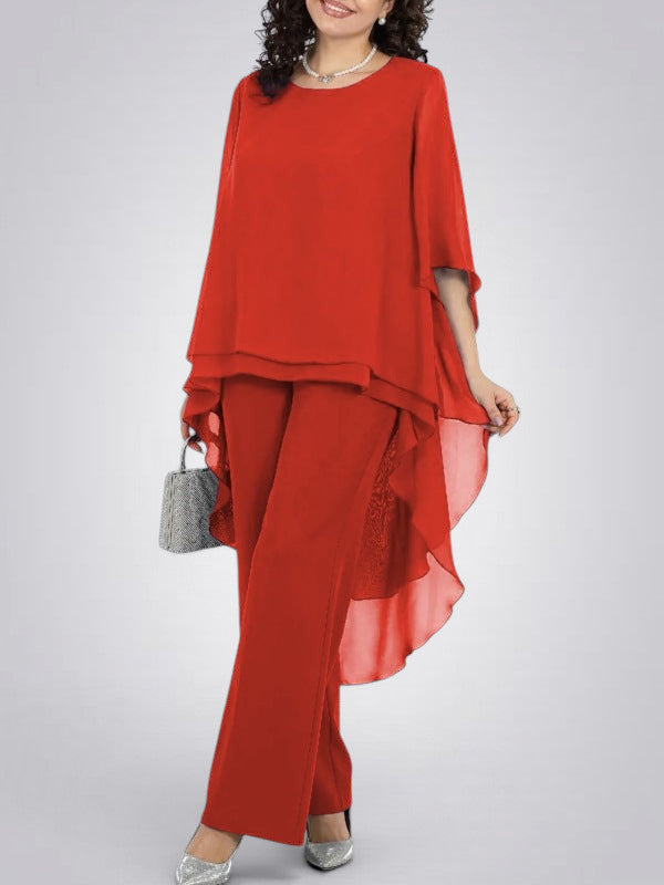 ZOFIA ATELIER red flowy chiffon ensemble with wide-leg pants and layered top, featuring a round neckline and elegant drape.