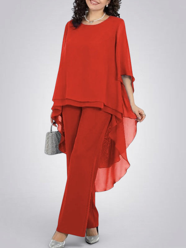 ZOFIA ATELIER red flowy chiffon ensemble with wide-leg pants and layered top, featuring a round neckline and elegant drape.