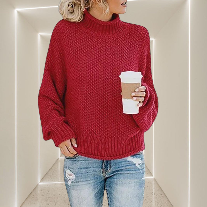 ZOFIA ATELIER ANNA red chunky knit turtleneck sweater with relaxed fit and ribbed cuffs.